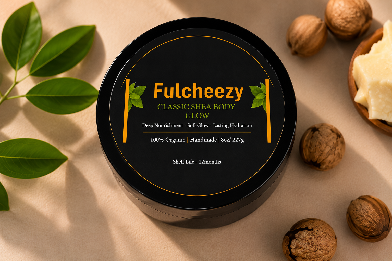 Fulcheezy jar flatlay with leaves and shea nuts.