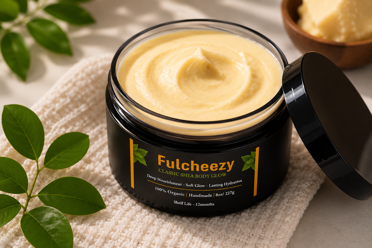Fulcheezy Classic Shea Body Glow — open jar hero shot.