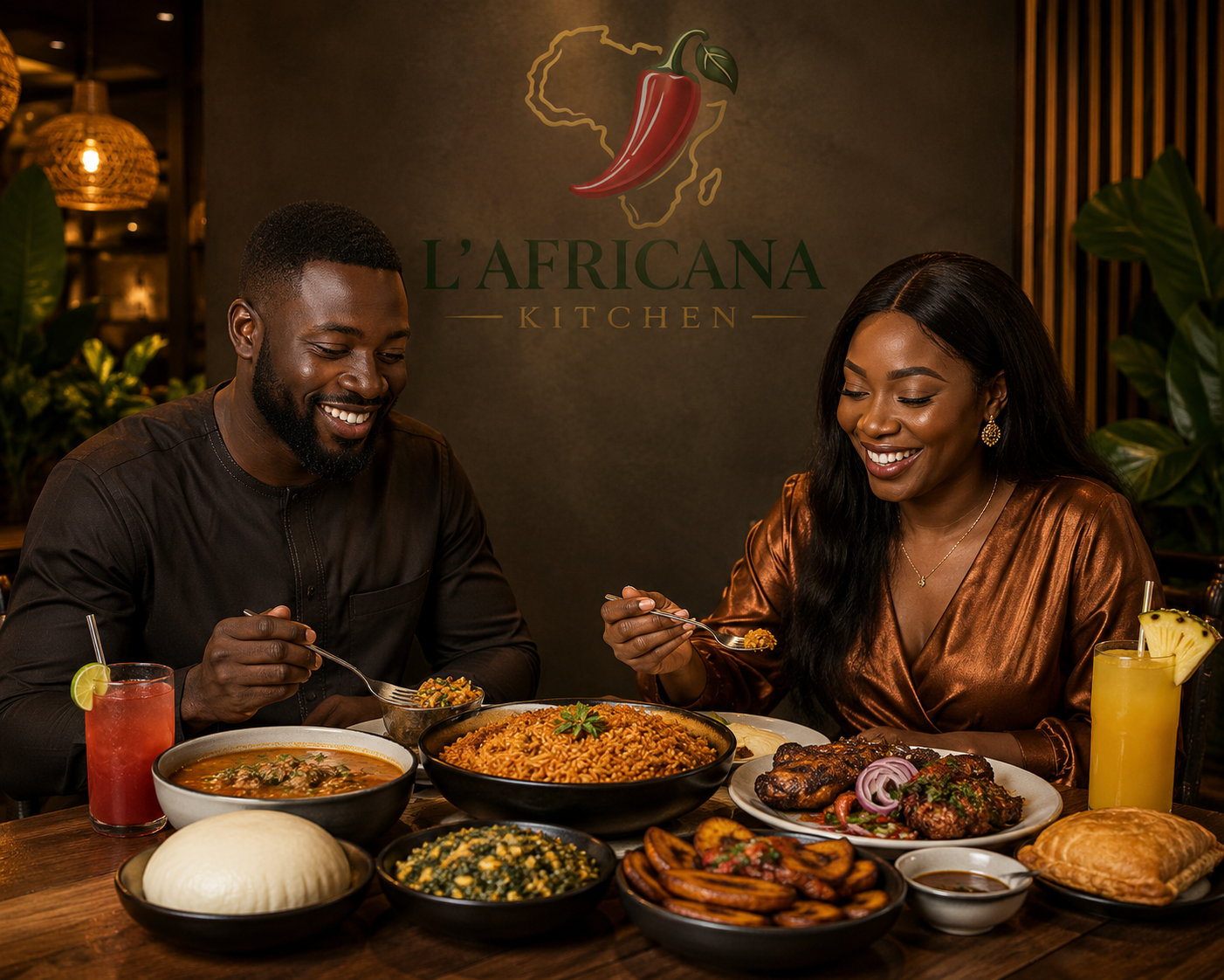 Lifestyle photography — guests sharing a L'Africana Kitchen meal.