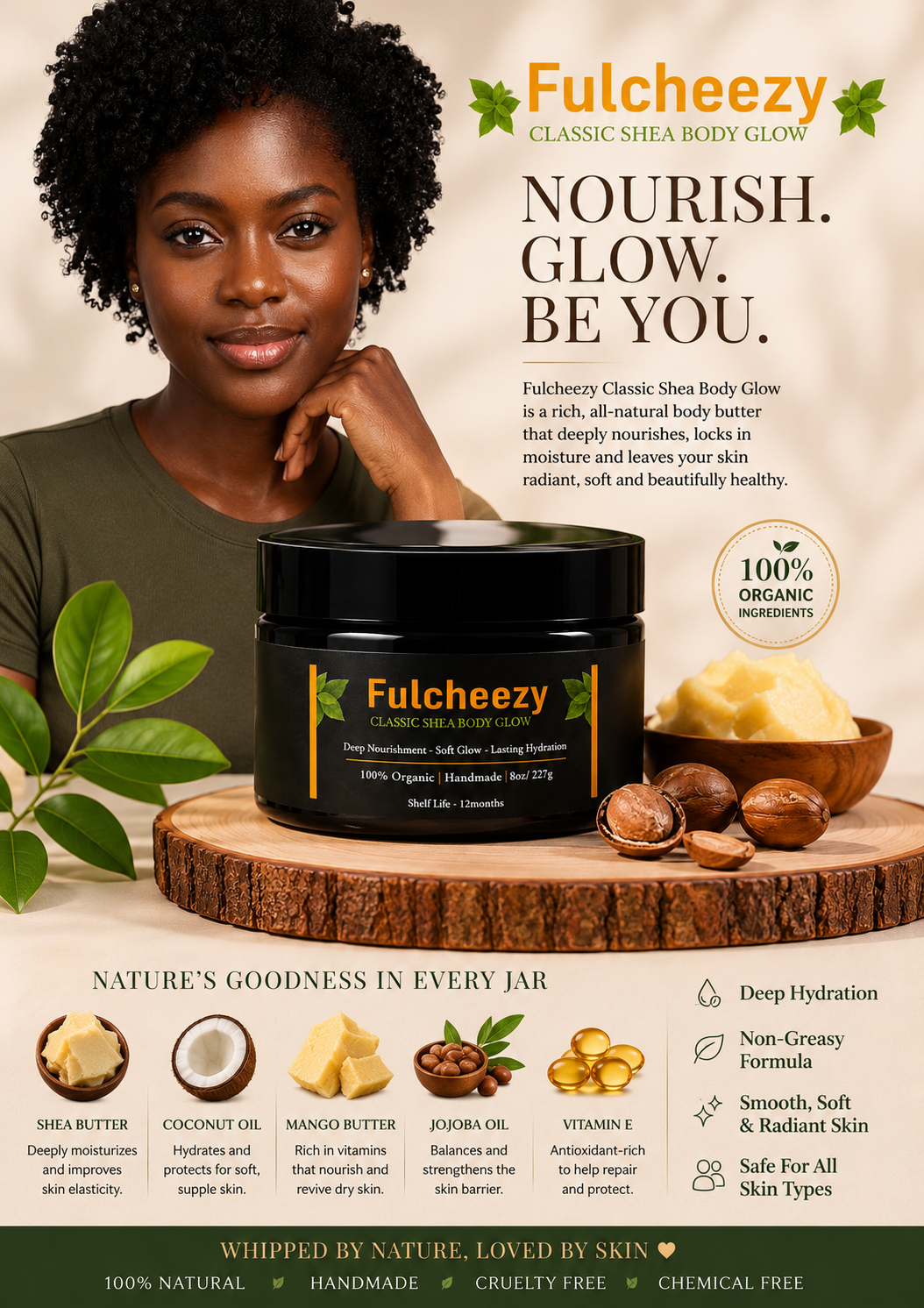 Fulcheezy Nourish. Glow. Be You. campaign poster.