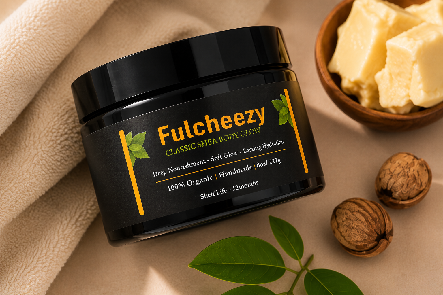 Fulcheezy jar styled with towel, shea butter, and foliage.
